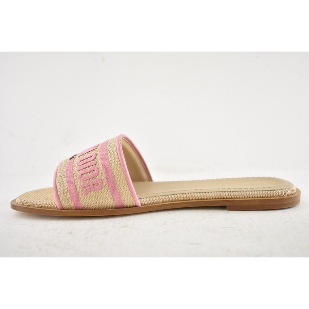 Christian Dior Dway Rose Begonia Pink Raffia Beige Logo Slide Flat Sandal 38.5 - Picture 10 of 13